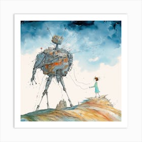 Girl And A Giant Robot Art Print