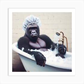 Gorilla In The Bath & Shower Cap Art Print