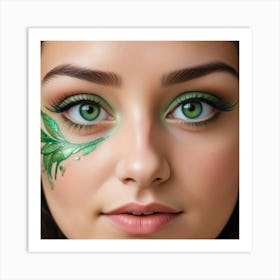 Green Leaves On A Girl'S Face Art Print