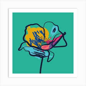 Poppy Flower Minimal Line Art Turquoise 1 Art Print