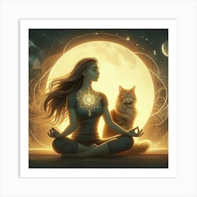 Meditating Woman With Cat 1 Art Print