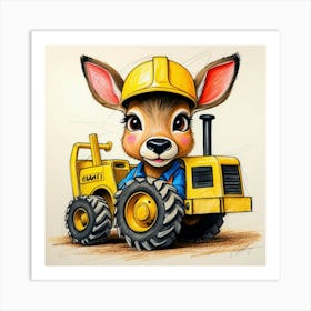 Cute Deer On A Tractor Art Print