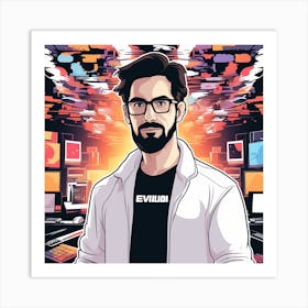 Create A Vivid Image Of A Man Standing In Front Of A Computer, Holding A Keyboard And Mouse 2 Art Print