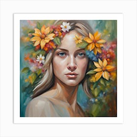 Girl With Flowers On Her Head Art Print