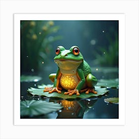 A Magical Frog With Glowing Skin, Sitting On A Lily Pad In A Surreal, Sparkling Pond Art Print