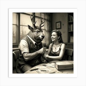 Deer And Woman Art Print