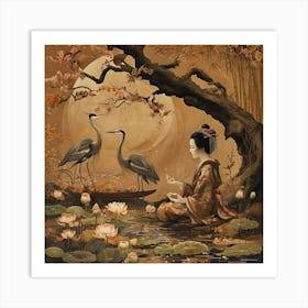 Meditative Scene Under Blooming Cherry Tree With Herons Art Print