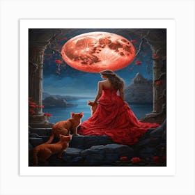 Red Moon With Cats Art Print