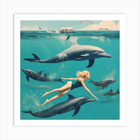 Woman Diving With Dolphins In The Sea Art Print