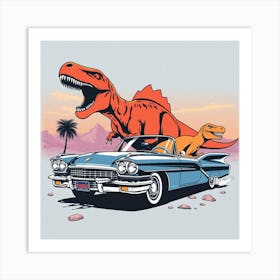 Dinosaurs And Car 4 Art Print