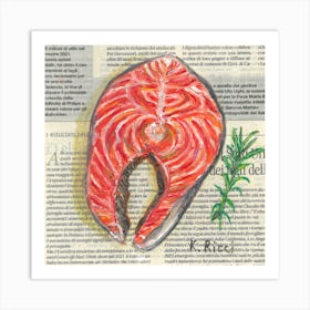 Salmone Slice On Newspaper Food Seafood Kitchen Rustic Bright Decor Art Print