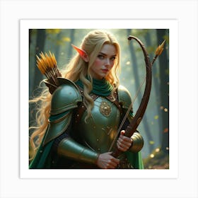 Elven Warrior In Shimmering Armor Holding A Magical Bow And Arrow 1 Art Print