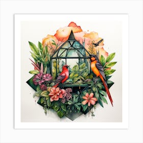 Tropical Plants and Birds Around Glass Art Print