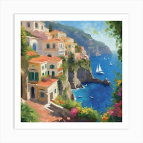 Lazy Square Impressionist Oil Painting Of The Sunny Amalfi Coast (8) Art Print