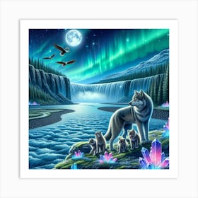 Wolf Family by Crystal Waterfall Under Full Moon and Aurora Borealis Art Print
