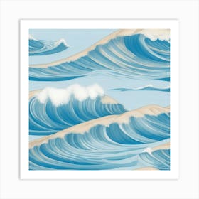 Ocean Waves Gentle Pencil Drawings Of Waves Highlighted Light Blue And Sandy Beige ,Sandy Beige Art Print