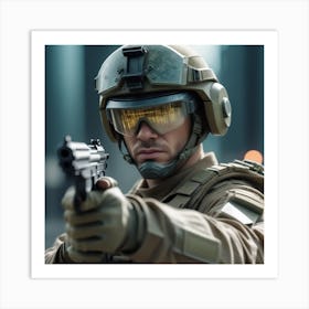 Soldat Forces Sp Ciales Dans Des Lunettes Avec Des Armes Dans Les Mains Sur Fond Futuriste Concept Militaire De L Avenir 2 Art Print