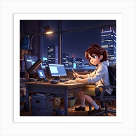 Anime Girl Working At Desk 2 Art Print