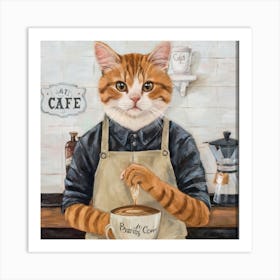 Cat Café Barista Crew Print Art - Picture Cats In Aprons Crafting Coffee, Creating A Charming And Cozy Atmosphere In Your Space Art Print