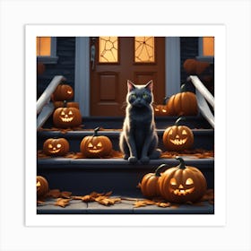 Halloween Cat Sitting On Steps 2 Art Print