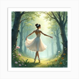 Elegant Ballet In A Watercolor Misty Forest Glade 1 Art Print