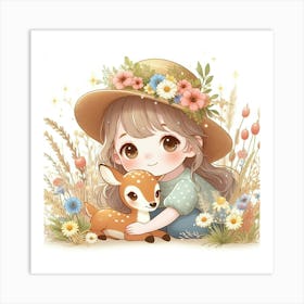 Cute Little Girl With A Deer 2 Art Print