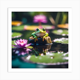 Green Frog with Waterlilies Art Print