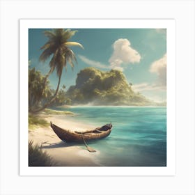 Tranquil Shores: Where Palms Sway and Boats Rest Art Print