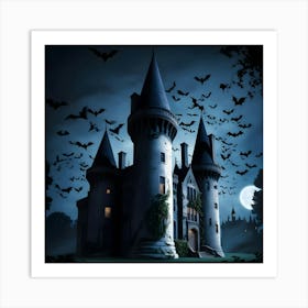 A Foreboding American Gothic Style Castle Stands Tall Amidst An Eerie, Moonless Night, Its Turrets And Spires Silhouetted Against A Dark, Gradient Blue Sky, With A Flurry Of Bats Taking Flight Around The Structure 1 Art Print