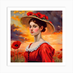 Woman in a field of poppies Flanders France Art Print