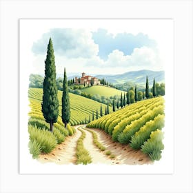 Classic Tuscan Landscape In Watercolor, With Vineyards And Cypress Trees 1 Art Print