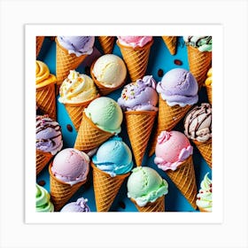 Colorful Ice Cream Cones On Blue Background Art Print