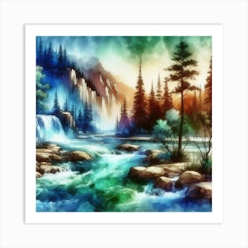 Watercolor Of A Waterfall 2 Art Print