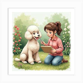 A Poodle And A Woman Painting Together In A Garden, Watercolor 1 Art Print