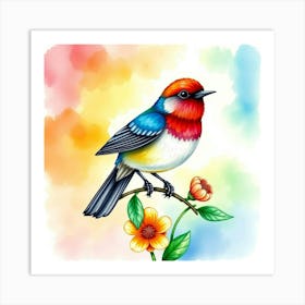 A Whimsical Bird Perched On A Colorful Flower, In Watercolor With A Vibrant Rainbow Background Art Print