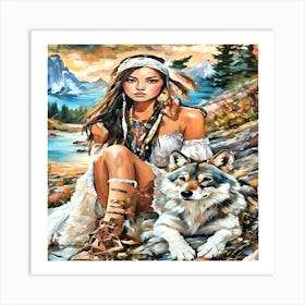 Indian Woman With Wolf-Drucke 09.12.2024--36d571e9 Art Print