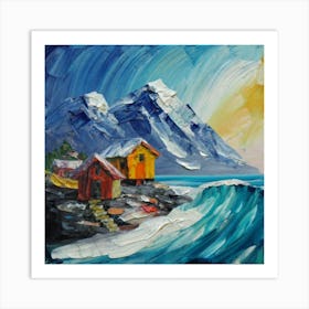 Acrylic and impasto pattern, mountain village, sea waves, log cabin, high definition, detailed geometric 5 Art Print