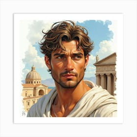 A Watercolor Painting Of A Greek Man With Captivating Eyes And A Historical Backdrop 1 Art Print