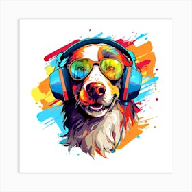 Dog With Headphones Art Print