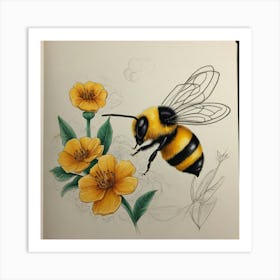 Bee And Flowers Art Print