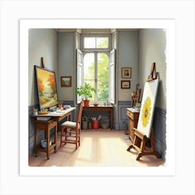 An English Artist S Studio With Paintings And Easels, Watercolor Illustration Art Print