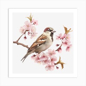 Sparrow On Cherry Blossoms Art Print