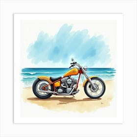 Chopper Bike On A Sandy Beach With Ocean Waves Watercolor 1 Art Print