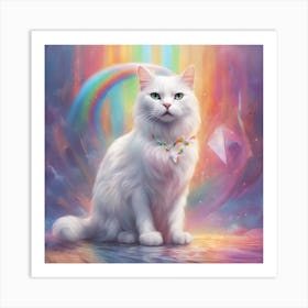 White Cat With Rainbow Art Print