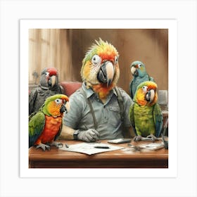 Parrots At The Desk 1 Art Print