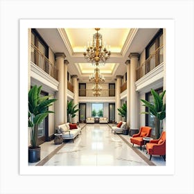 Luxury Hotel Lobby In Watercolor, With Grand Chandeliers And Elegant Furnishings Art Print