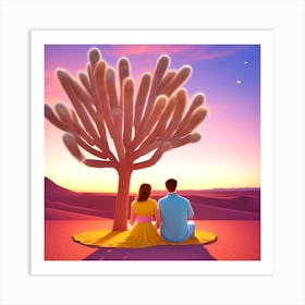 Couple Sitting Under Cactus Tree Art Print