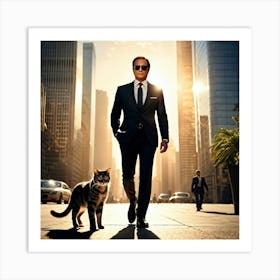 Businessman Wearing Sunglasses Accompanied By A Cat Playing At His Feet Downtown Skyscrapers Loomin Art Print