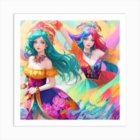 Two Girls In Colorful Dresses Art Print