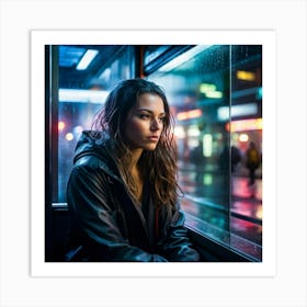 Evening Street Photography Of A Pensive Woman Sitting In A Bus Shelter Raindrops Streaking The Glas Art Print